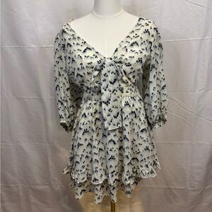 French Kiss Cream Blue Floral Tie Front Ruffle Mini Dress Small